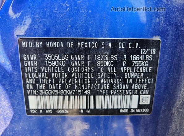 3HGGK5H80KM715149 2019 HONDA FIT Blue Widok naklejki z numerem VIN