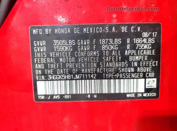 3HGGK5H81JM711142 2018 HONDA FIT Red Вид підкапотного простору