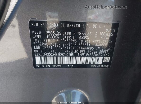 3HGGK5H82KM740196 2019 HONDA FIT Gray ძრავის განყოფილების ხედი