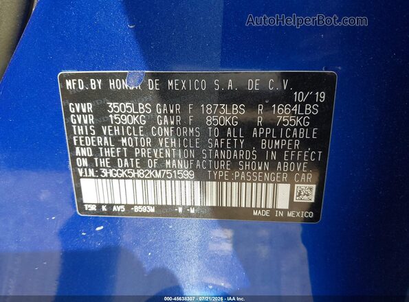 3HGGK5H82KM751599 2019 HONDA FIT Blue Widok komory silnika