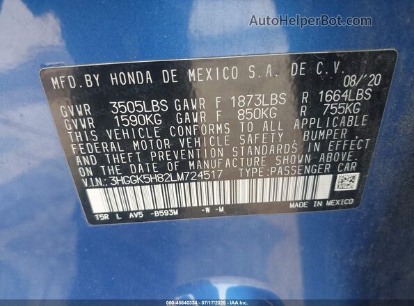3HGGK5H82LM724517 2020 HONDA FIT Blue Engine compartment view