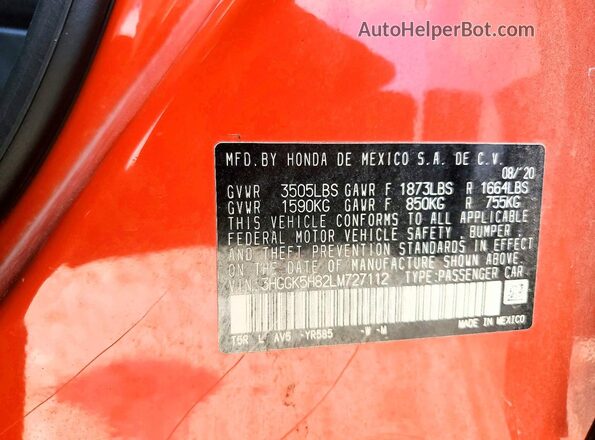 3HGGK5H82LM727112 2020 HONDA FIT Оранжевый Вид подкапотного пространства
