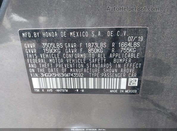 3HGGK5H83KM743592 2019 HONDA FIT Gray ძრავის განყოფილების ხედი