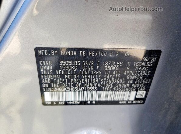 3HGGK5H83LM719553 2020 HONDA FIT Silver Widok komory silnika