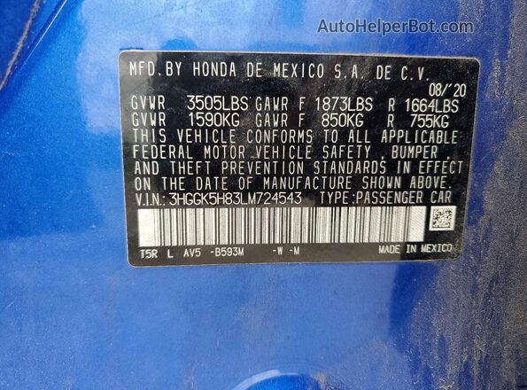 3HGGK5H83LM724543 2020 HONDA FIT Синий Вид подкапотного пространства