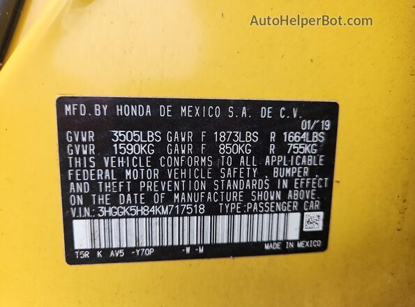 3HGGK5H84KM717518 2019 HONDA FIT Yellow Շարժիչի բաժամունքի տեսք