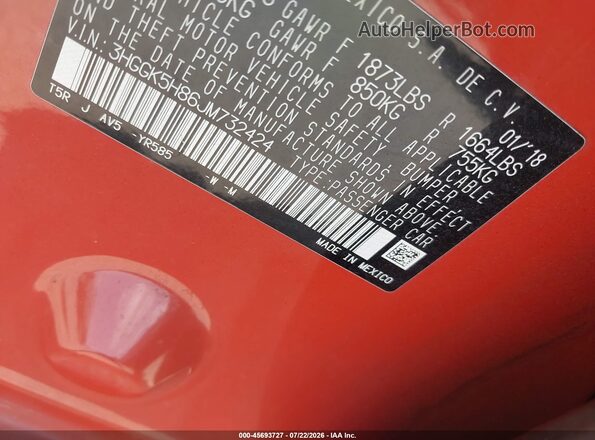 3HGGK5H86JM732424 2018 HONDA FIT Orange Вид підкапотного простору