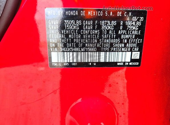 3HGGK5H86LM715660 2020 HONDA FIT Red Widok naklejki z numerem VIN