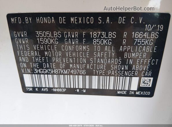 3HGGK5H87KM749766 2019 HONDA FIT Белый Вид подкапотного пространства