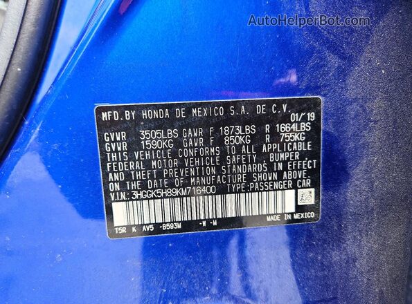3HGGK5H89KM716400 2019 HONDA FIT Blue VIN կոդի պիտակի տեսք