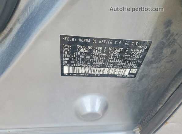 3HGGK5H8XKM732301 2019 HONDA FIT Silver Շարժիչի բաժամունքի տեսք