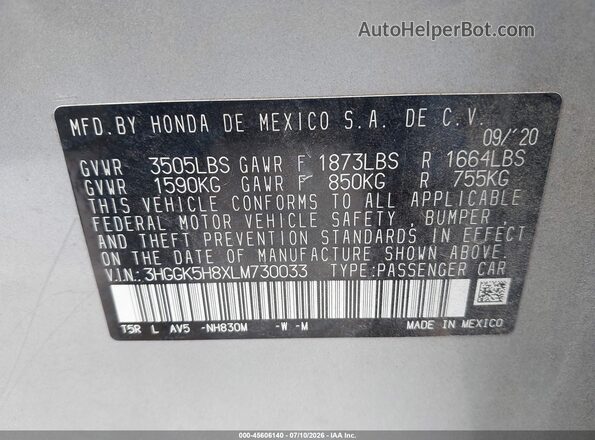 3HGGK5H8XLM730033 2020 HONDA FIT Серебряный Вид подкапотного пространства