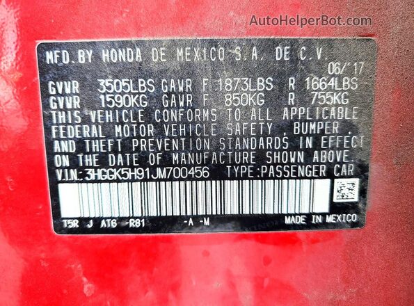 3HGGK5H91JM700456 2018 HONDA FIT Red Vista de la etiqueta del VIN