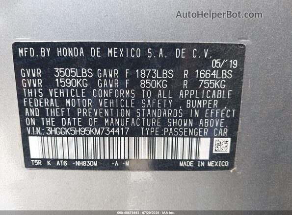 3HGGK5H95KM734417 2019 HONDA FIT Серебряный Вид подкапотного пространства