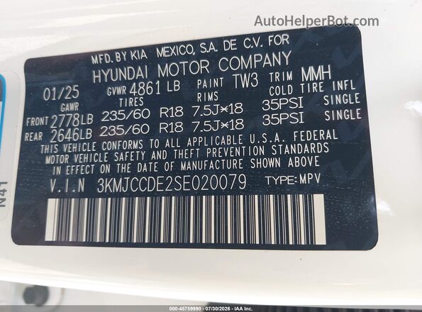 3KMJCCDE2SE020079 2025 HYUNDAI TUCSON White Вид підкапотного простору