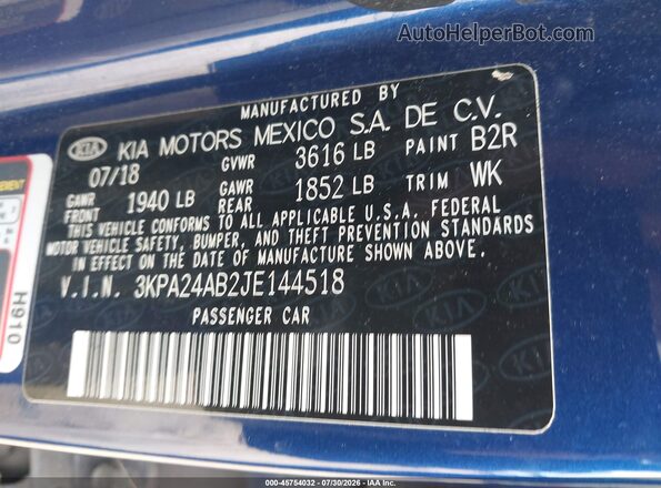3KPA24AB2JE144518 2018 KIA RIO Blue Widok komory silnika