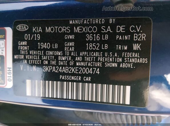 3KPA24AB2KE200474 2019 KIA RIO Blue Widok komory silnika