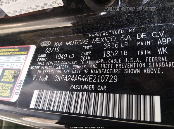 3KPA24AB4KE210729 2019 KIA RIO Black Вид підкапотного простору
