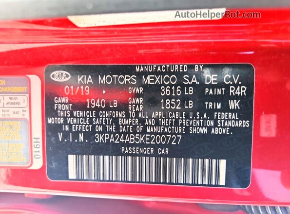 3KPA24AB5KE200727 2019 KIA RIO Red VIN կոդի պիտակի տեսք
