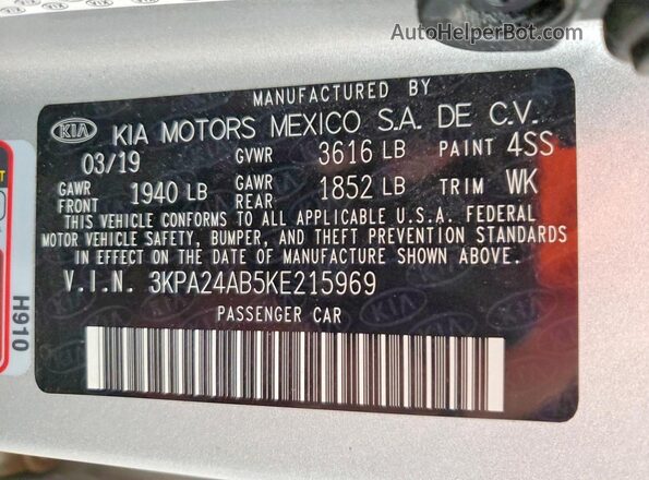 3KPA24AB5KE215969 2019 KIA RIO Silver Vista del compartimento del motor