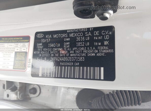 3KPA24AB9JE071583 2018 KIA RIO White Շարժիչի բաժամունքի տեսք