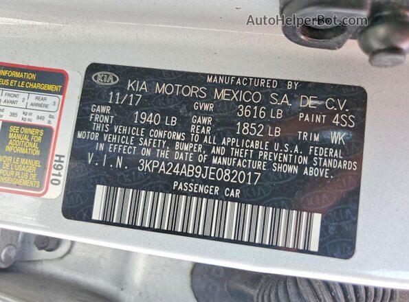 3KPA24AB9JE082017 2018 KIA RIO Silver Вид підкапотного простору