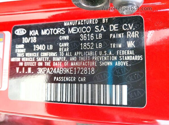 3KPA24AB9KE172818 2019 KIA RIO Red VIN կոդի պիտակի տեսք