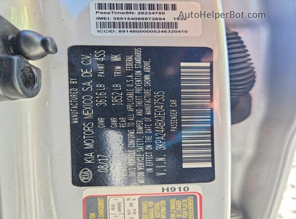 3KPA24ABXJE047535 2018 KIA RIO Silver VIN კოდის სტიკერის ხედი