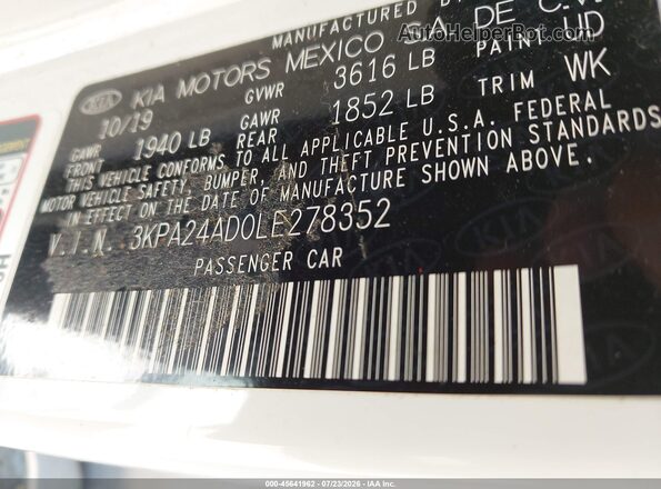 3KPA24AD0LE278352 2020 KIA RIO Белый Вид подкапотного пространства