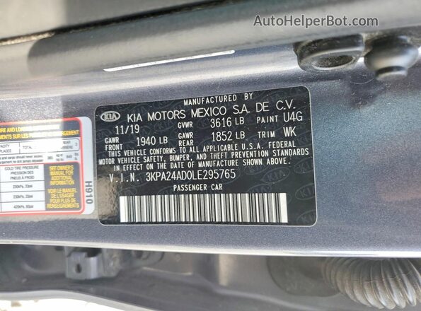 3KPA24AD0LE295765 2020 KIA RIO Gray Շարժիչի բաժամունքի տեսք