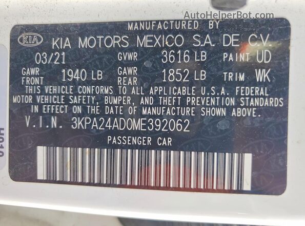 3KPA24AD0ME392062 2021 KIA RIO White Շարժիչի բաժամունքի տեսք