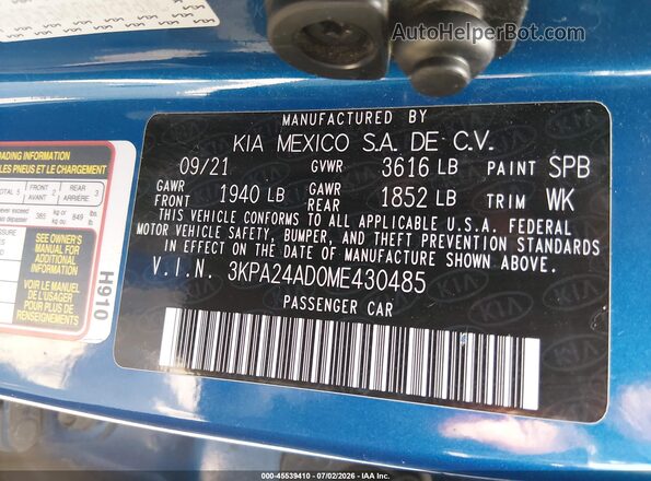 3KPA24AD0ME430485 2021 KIA RIO Синий Вид подкапотного пространства