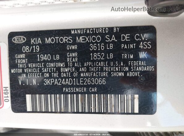 3KPA24AD1LE263066 2020 KIA RIO Silver ძრავის განყოფილების ხედი