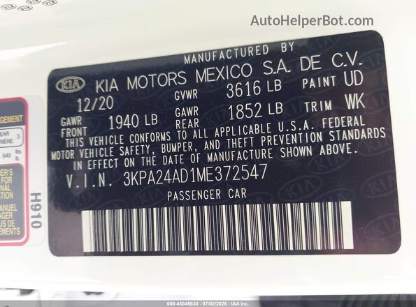 3KPA24AD1ME372547 2021 KIA RIO White Вид підкапотного простору