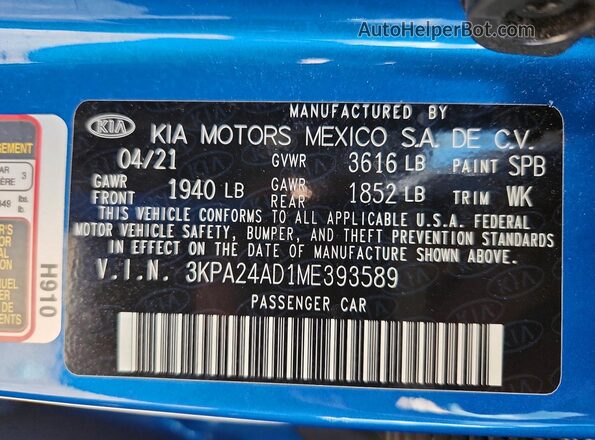3KPA24AD1ME393589 2021 KIA RIO Синий Вид подкапотного пространства