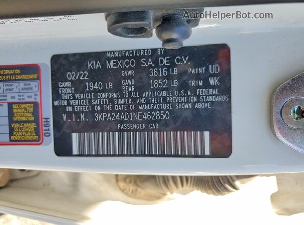 3KPA24AD1NE462850 2022 KIA RIO White Engine compartment view