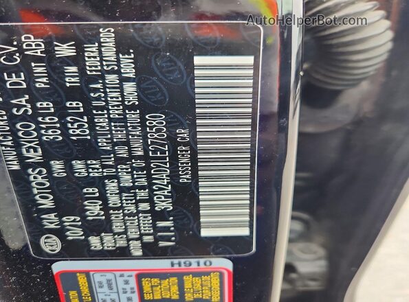 3KPA24AD2LE278580 2020 KIA RIO Black Вид підкапотного простору