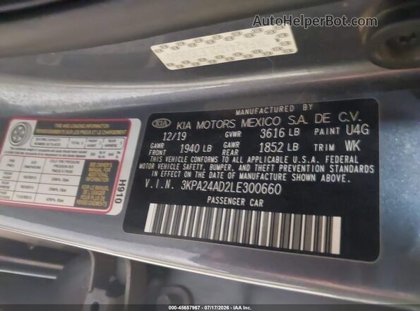 3KPA24AD2LE300660 2020 KIA RIO Gray ძრავის განყოფილების ხედი