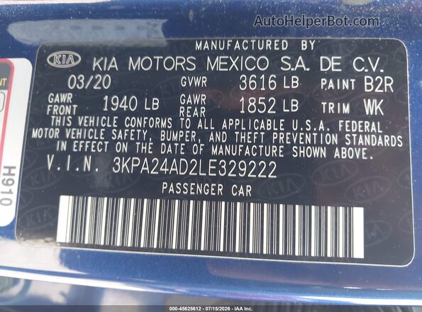 3KPA24AD2LE329222 2020 KIA RIO Blue Вид підкапотного простору