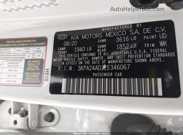 3KPA24AD2LE346067 2020 KIA RIO Белый Вид подкапотного пространства