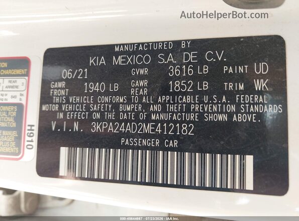 3KPA24AD2ME412182 2021 KIA RIO White ძრავის განყოფილების ხედი