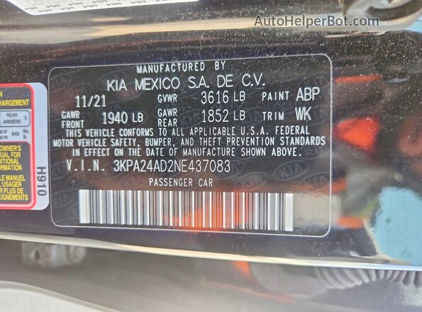 3KPA24AD2NE437083 2022 KIA RIO Black Շարժիչի բաժամունքի տեսք