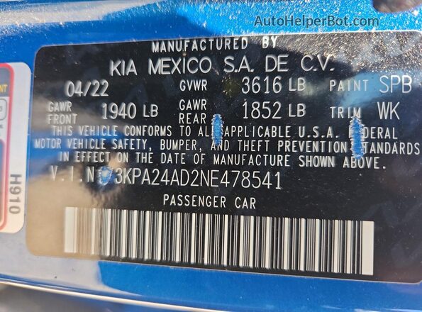 3KPA24AD2NE478541 2022 KIA RIO Blue VIN sticker view