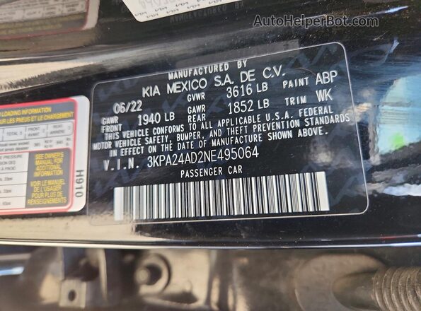 3KPA24AD2NE495064 2022 KIA RIO Black VIN კოდის სტიკერის ხედი