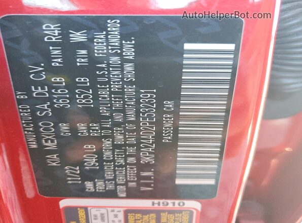 3KPA24AD2PE532391 2023 KIA RIO Red VIN sticker view