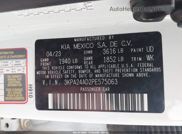 3KPA24AD2PE575063 2023 KIA RIO White Շարժիչի բաժամունքի տեսք