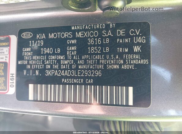 3KPA24AD3LE293296 2020 KIA RIO Серый Вид подкапотного пространства
