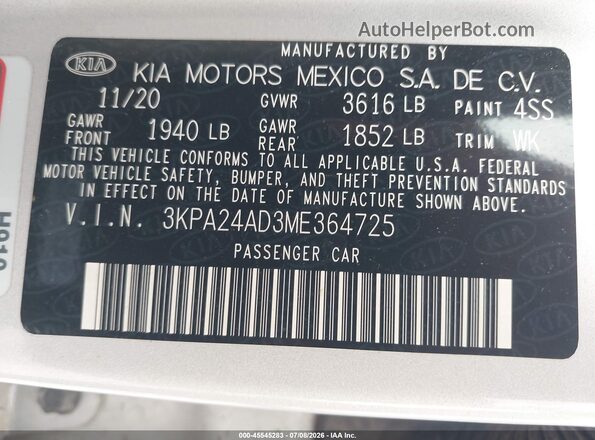 3KPA24AD3ME364725 2021 KIA RIO Silver Widok komory silnika