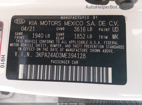 3KPA24AD3ME394128 2021 KIA RIO White Շարժիչի բաժամունքի տեսք