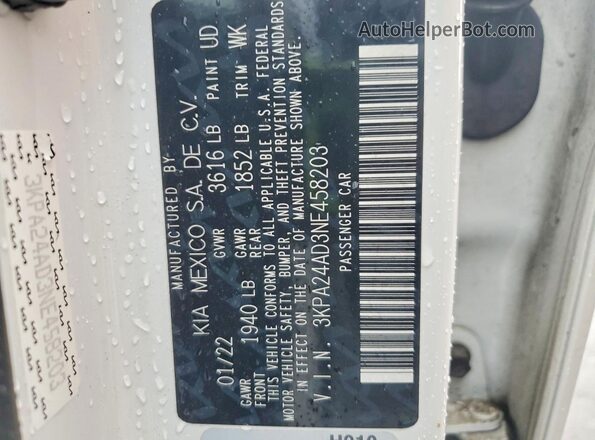 3KPA24AD3NE458203 2022 KIA RIO White Widok naklejki z numerem VIN